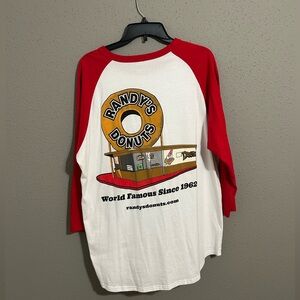 Randy's Donuts Red and White Raglan Shirt.